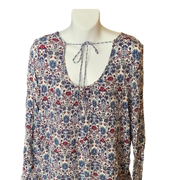 Garage RED AND BLUE BOLD FLORAL STRECHY RIBBED LONG SLEEVE TOP SIZE LARGE - Picture 2 of 8